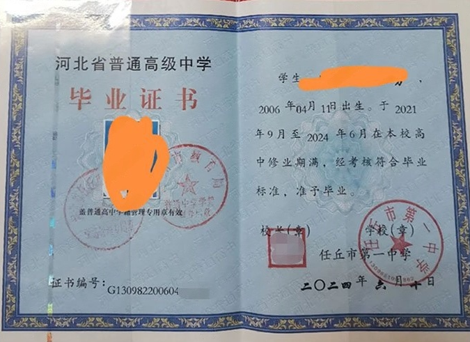 揭阳任丘市第一中学高中毕业证样本图片